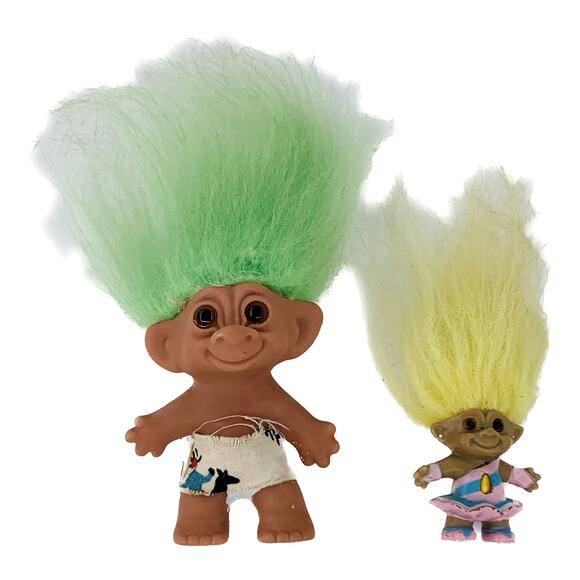 Vintage 1980s Troll Dolls Small Green Hair Mini Yellow Hair Ballarina Altered - Picture 1 of 8